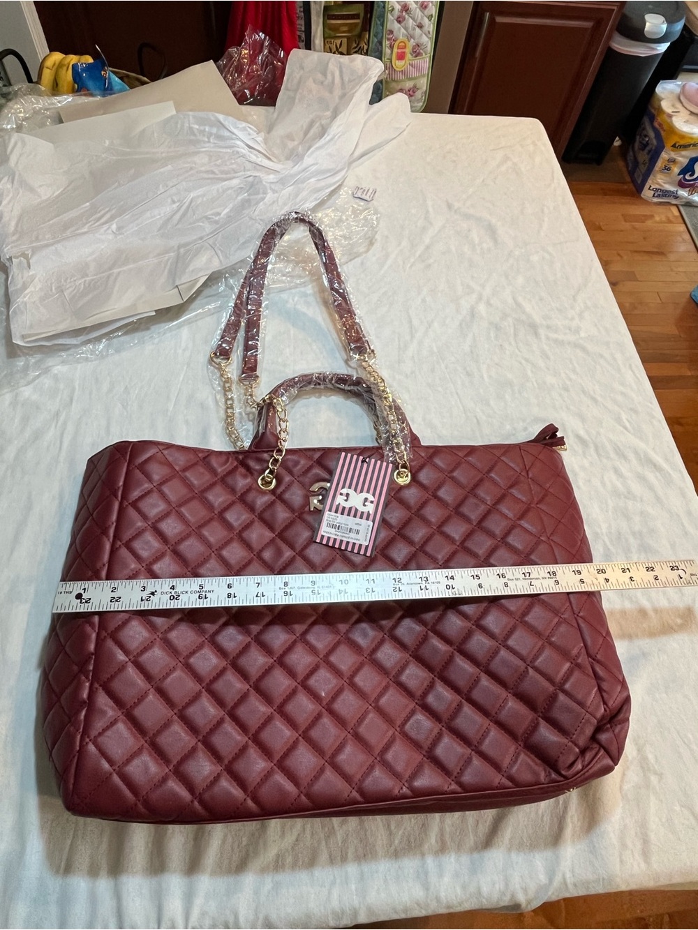 Gilda Paris large Quilted Wine Red Tote Bag with Chain Handles
